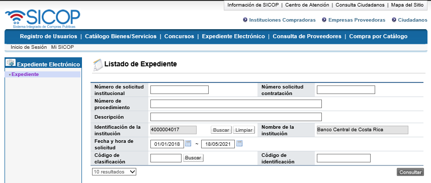 Captura de pantalla de expediente electrónico de la pagina de SICOP.
